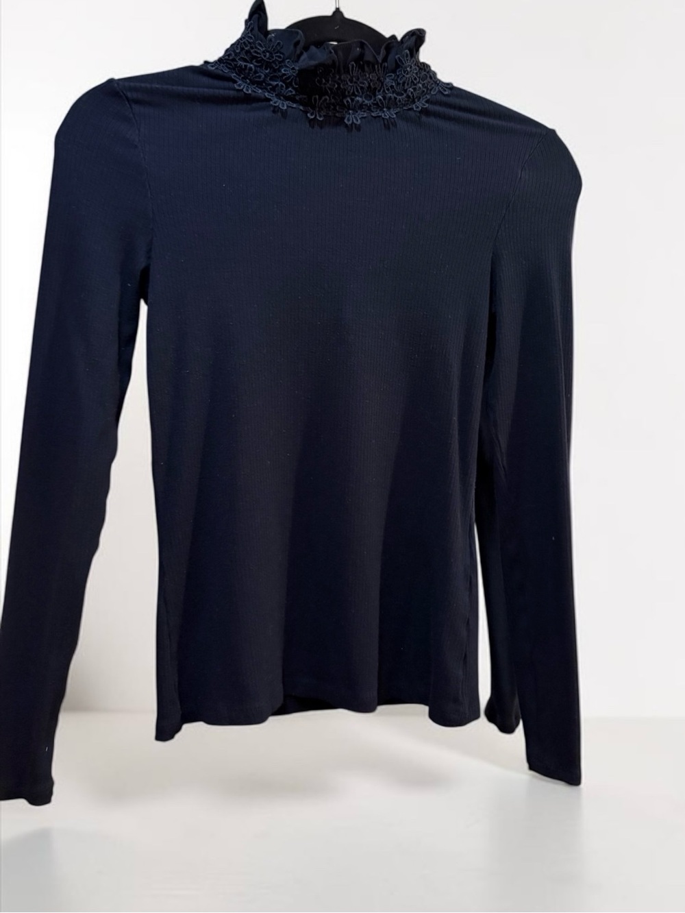 Ted Baker Navy ribbed Lace-Trim Mock Neck Long Sleeve Top size s